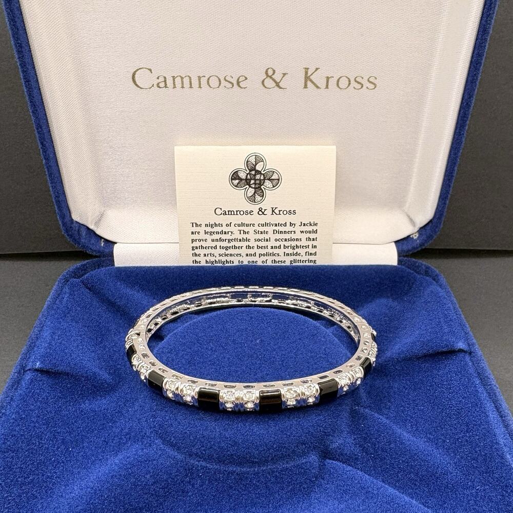 Camrose & Kross Jackie Kennedy Bangle Bracelet Faux Onyx Crystals‎ Silver Tone